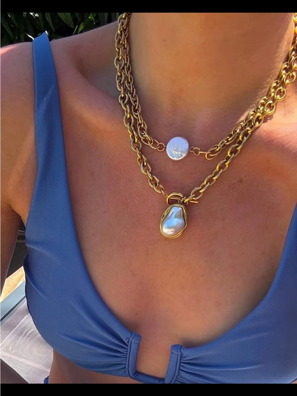 Gold Chain Necklace with Pearl Pendants - Elegant Layered Jewelry